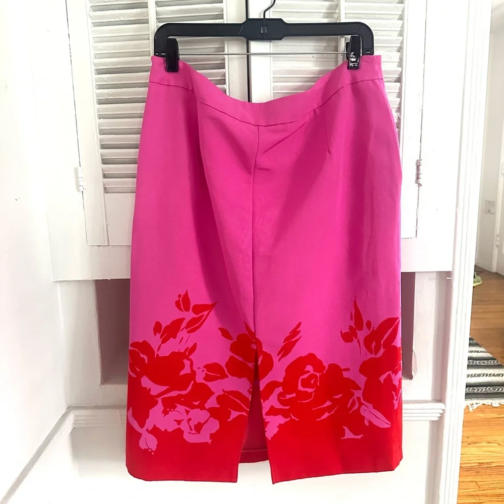 Bright Pink Midi A-Line Skirt with Red Floral Hem - Picture 6 of 8